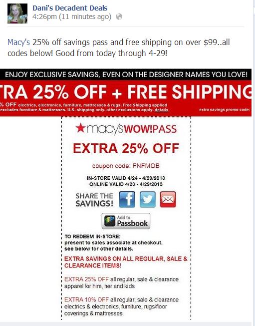 Macyâ€™s Extra 25% off  FREE shipping thru 4-29